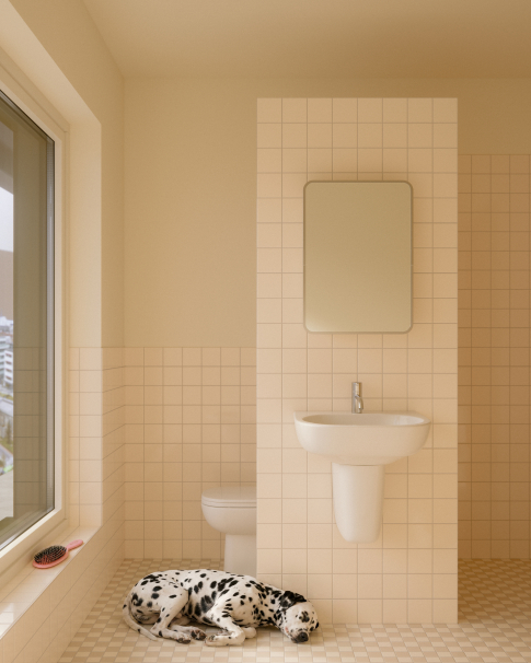 Husen på Taket: Interiör bild, badrum. Stilpaket beige.