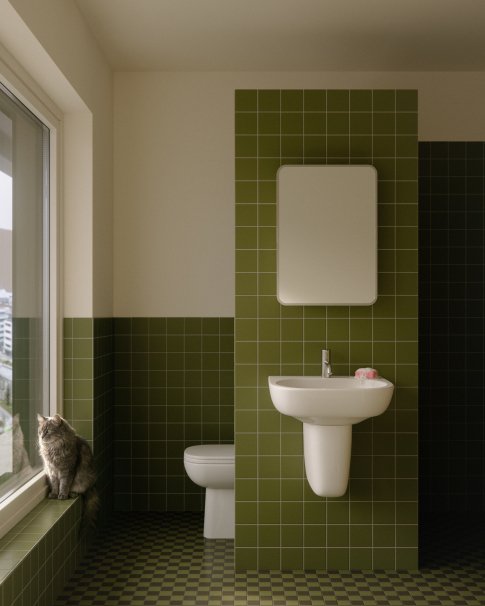 Husen på Taket: Interiör bild, badrum. Stilpaket grön.