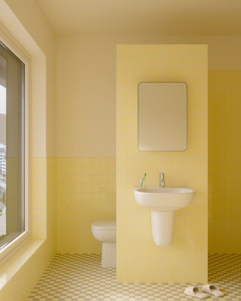 Husen på Taket: Interiör bild, badrum. Stilpaket gul.